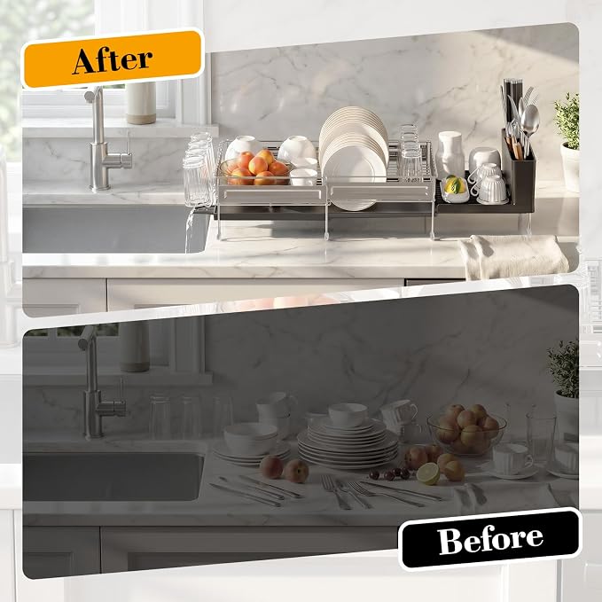Delamu Large Dish Drying Rack, Stainless Steel Dish Racks for Kitchen Counter, Multifunctional Dish Drainer with Cutlery & Cup Holders, Extendable from 13.4 to 28.7 in, Black