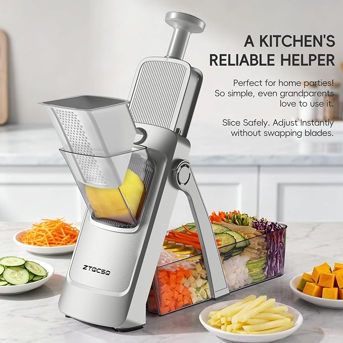 [All in 1] Vegetable Slicer with Adjustable Thickness, Easy to Clean Potato Mandoline Slicer with Container, Rapid Prep Veggie Cutter/Onion Slicer, Free Grater/Cleaning Brush (SliverGray)