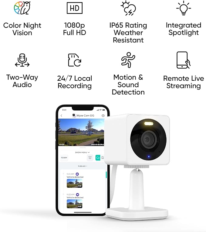 WYZE Cam OG Indoor/Outdoor 1080p Wi-Fi Smart Home Security Camera with Color Night Vision, Wired, Motion Detection, 2-Way Audio, Compatible with Alexa & Google, White (2-Pack), Free Expert Setup