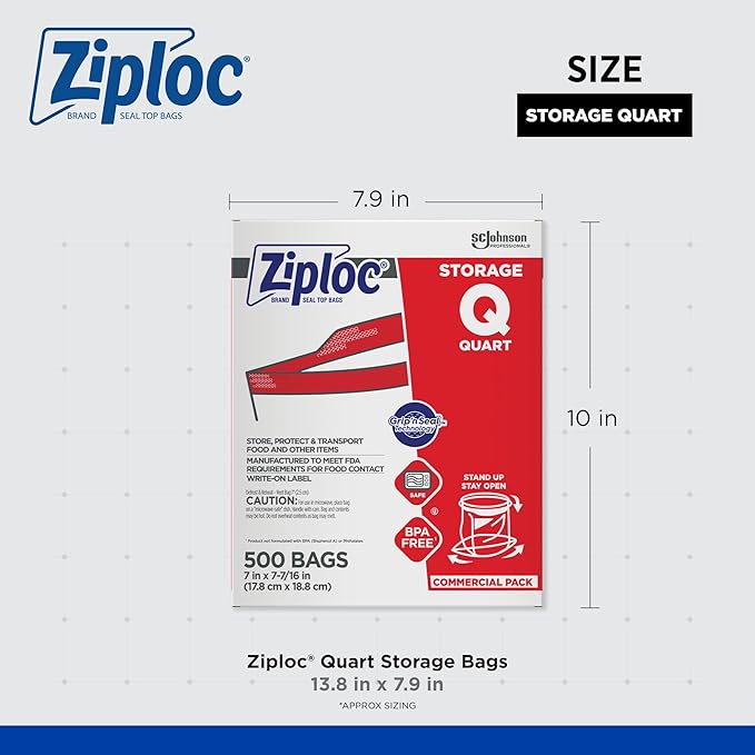 SC Johnson Professional, Ziploc Storage Bags, For Food Organization and Storage, Double Zipper Seal, Easy-Open Tabs Quart, 500 Count