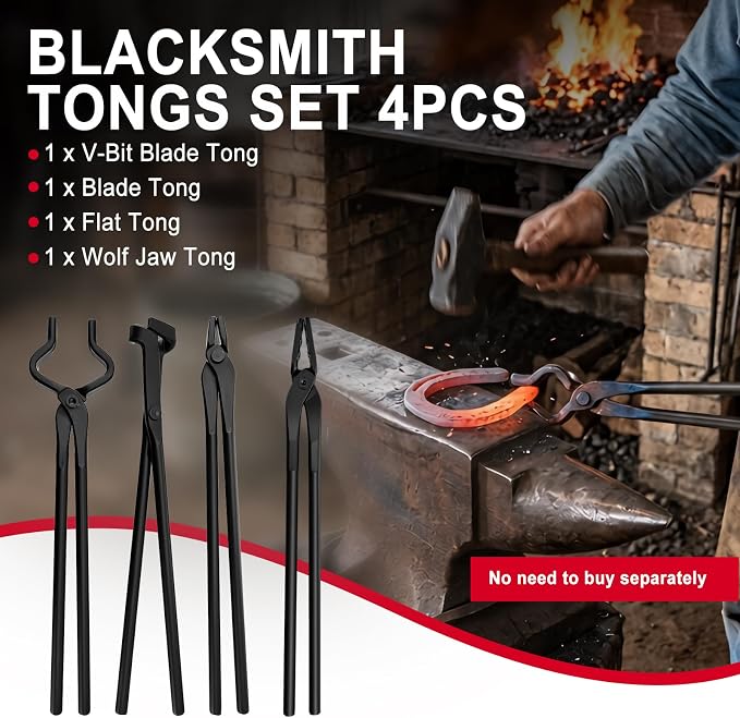 Blacksmith Tongs Set 4PCS, V-Bit Blade Tongs, Flat Tongs, Blade Tongs and Wolf Jaw Tongs for Knife Making, Bladesmithing and Blacksmithing Tool - Heavy Duty Steel, Heat-Resistant for Forging