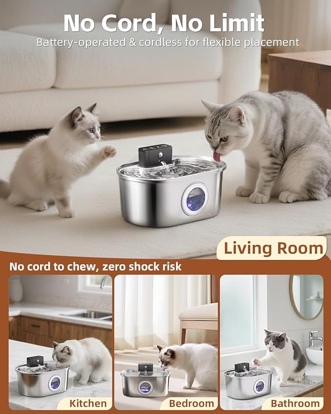 Cordless 3.2L/108oz Stainless Steel Cat Water Fountain Pet Fountain | Rechargeable Pet Water Dispenser - Motion Sensor Activation - Multi-Layer Filtration - Ultra-Quiet Pump