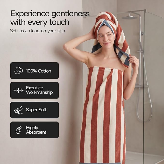 REDKISS 2 Pack Extra Large Striped Bath Towels, 31 x 63 Inches, 100% Cotton, Larger & Quicker to Dry, Super Soft and Highly Absorbent Towel, Perfect for Bathroom, Terracotta