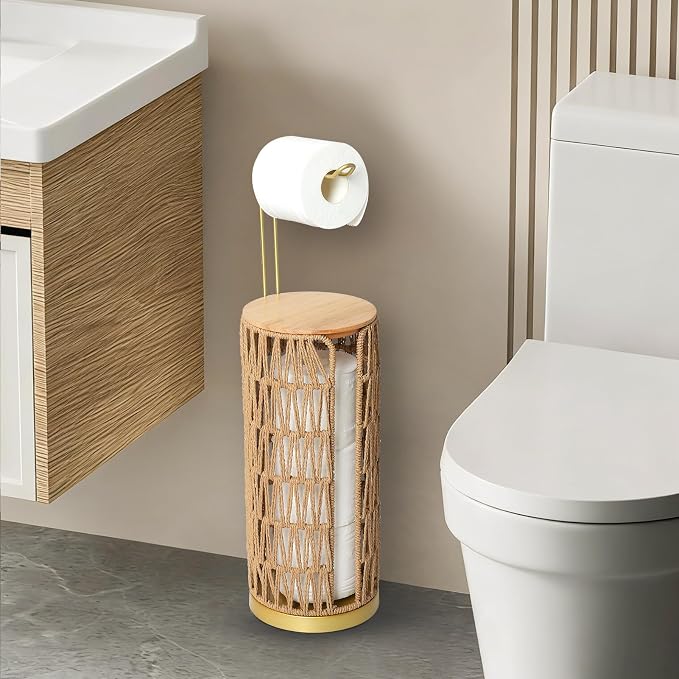 Trongee Freestanding Toilet Paper Holder with Storage,Goldn Handmade Woven Toilet Paper Roll Holder Stand,3 Rolls of Tissue Holder for Bathroom,Rattan Sturdy Boho Bathroom Toilet Paper Storage