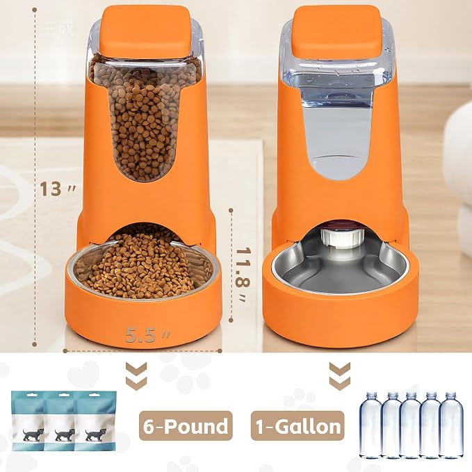 HWONMTE Portable Automatic Cat Feeder and Water Dispenser with Stainless Steel Bowl Dog Gravity Food Feeder and Waterer for Small Medium Pets Puppy Kitten 1 Gallon x 2 (Orange)
