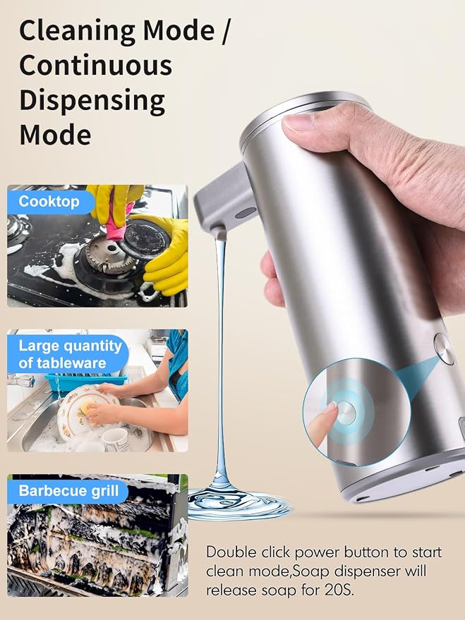 Automatic Liquid Soap Dispenser Touchless: Stainless Steel Hand Soap Dispenser Auto - Free Touch Electric Soap Dispenser Rechargeable with Sensor for Kitchen, Bathroom, Commercial (Silver)