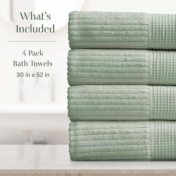 Springtree Home 100% Cotton Bath Towel Set | 4-Pack | Textured | Eucalyptus | Absorbent & Quick-Dry Bathroom Towels | Textured and Durable Cotton Towels for Bathroom | OEKO-TEX | Krista Collection