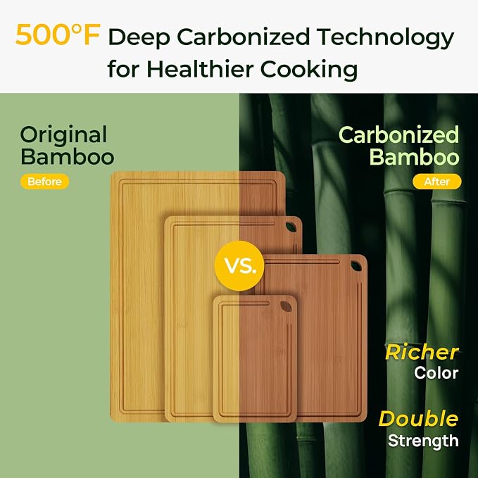 Keechee Carbonized Bamboo Cutting Board Set of 4, Kitchen Prep Boards | Deep juice grooves, built-in handles, 4 different sizes for full kitchen tasks and charcuterie