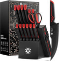 ASETY Knife Set with Block, 15 PCS Kitchen knife Set, Dishwasher Safe, Red | Razor Sharp Knives, Wood Knife Block with Built-In Sharpener, Stainless Steel, Ergonomic Handle, Elegant Box for Men Women