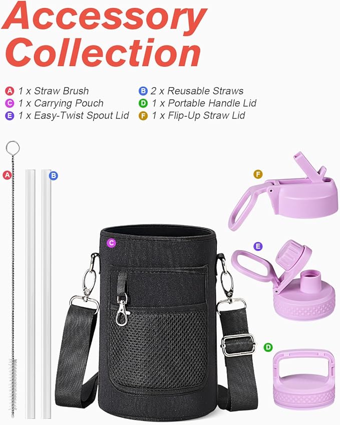 Coolflask Half Gallon Water Bottle Insulated with Straw & 3 Lids, 64 oz Water Jug Large Metal Stainless Steel Wide Mouth for Sports, Gym or Office, Non-BPA Keep Cold 48H Hot 24H, Glitter Pink