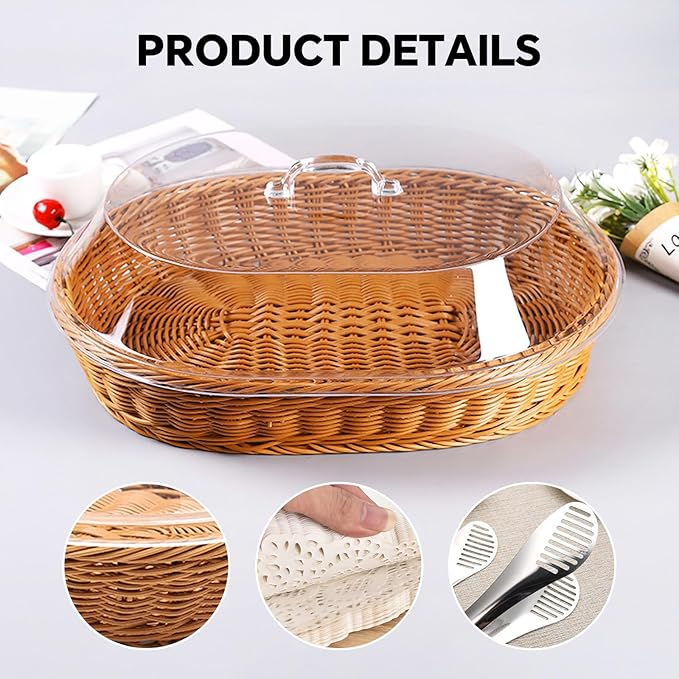 Rattan Bread Baskets, 2 Pack, Oval Woven Baskets with Acrylic Lids, 15.75 x 11.81 inches, Stainless Steel Tongs, Lace Doilies, for Bread, Fruit, Food Display