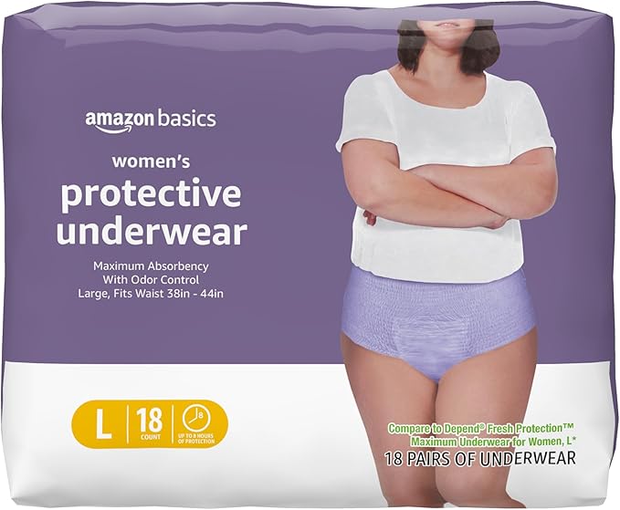 Amazon Basics Postpartum Incontinence Underwear for Women, Maximum Absorbency with Bladder Leak Protection, Fresh Protection, Disposable, Large, Lavender, 18 Count