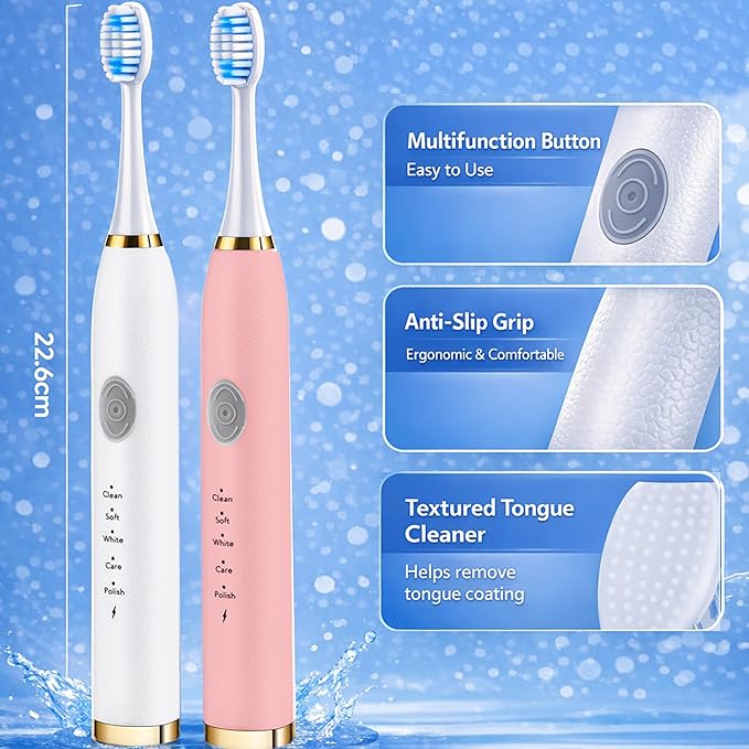 2 Pack Electric Toothbrush for Adults, Travel Electric Toothbrush Includes 10 Replacement Brush Heads, 5 Modes, 2 Hours Charge for 45 Days (White & Pink)