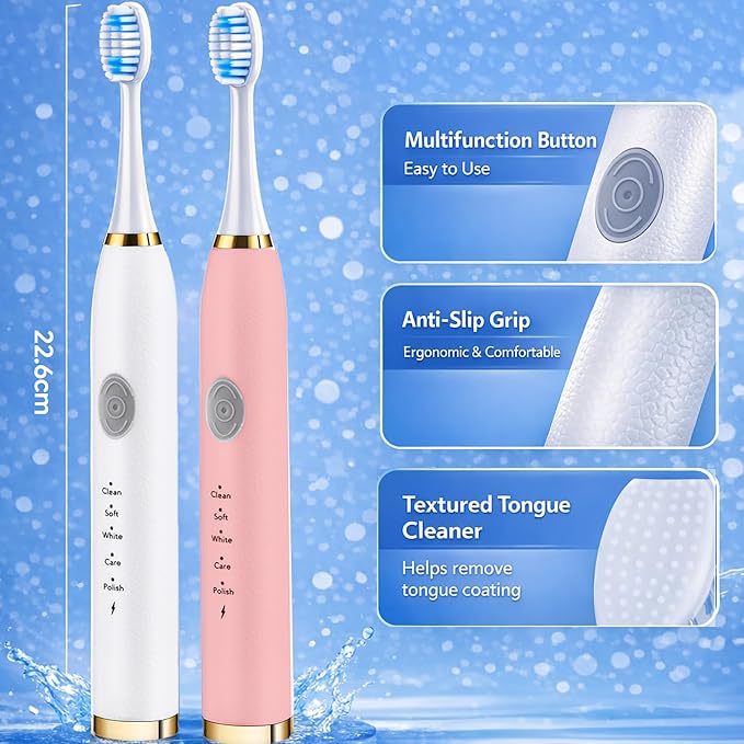 2 Pack Electric Toothbrush for Adults (White & Pink)