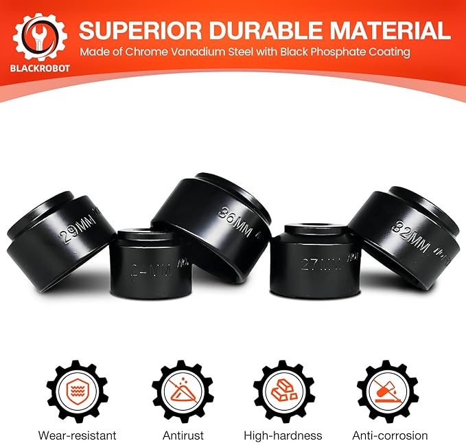 BLACKROBOT 5 Pieces 3/8” Drive Low Profile Oil Filter Socket Set, Metric Size 24mm, 27mm, 29mm, 32mm, 36mm, Chrome Vanadium Steel, 6 Point Design, Oil Filter Cap Remover and Installer Tool Set