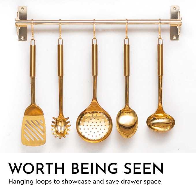 Gold Kitchen Utensils Set – 5-Piece Stainless Steel Kitchen Tools for Modern Cooking and Serving – Dishwasher Safe Ladle, Spoon, Spatula, Pasta Fork, Luxury Brass Kitchen Accessories for Home Chefs