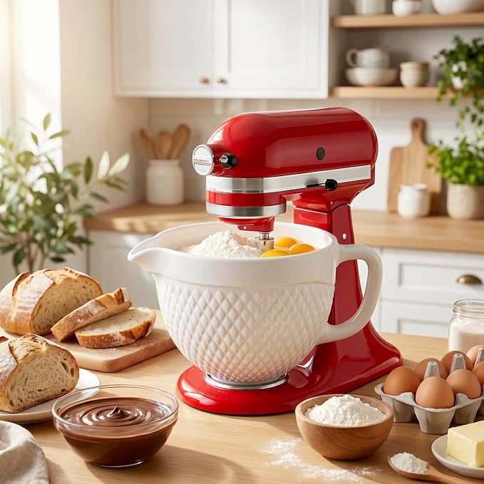 COFUN Ceramic Mixer Bowl for KitchenAid 4.5-5 Qt Tilt-Head Stand Mixers | Mixing Bowl with Handle & Pour Spout, Oven/Microwave/Dishwasher Safe