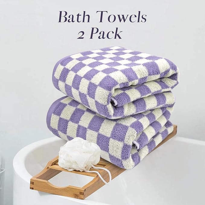 Shower Towels for Bathroom 27.5x55 Inches - Cute Checkered Towel Sets Lilac | Quick Dry Bath Towels Soft & Lightweight (2Pack), 520 GSM Absorbent Cotton