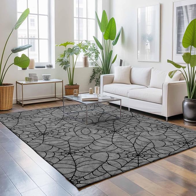 Large Area Rug 4'x6', Grey Halloween Washable Rectangular Area Rugs for Living Room Bedroom Office, Black Spiders Net Classic Gingham Non Slip Kitchen Rug Mats Indoor Floor Accent Throw Carpet