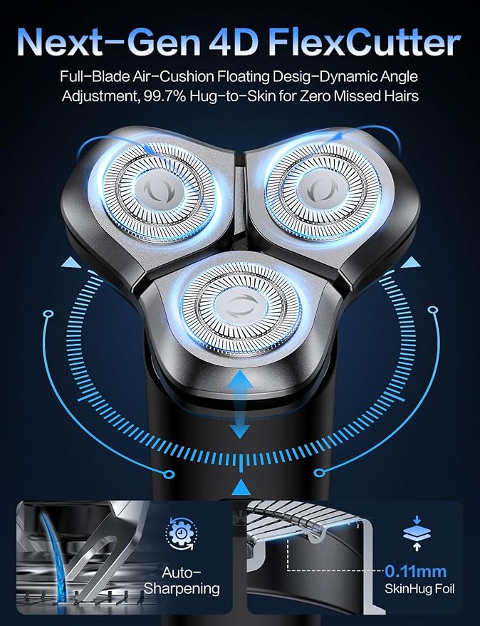 Electric Razor for Men, Men's Electric Shaver, 3-Blade Rotary Shaving System, Touch Switch, Type-C Fast Charging, LED Display, Travel Lock, 90+ Minutes Run Time