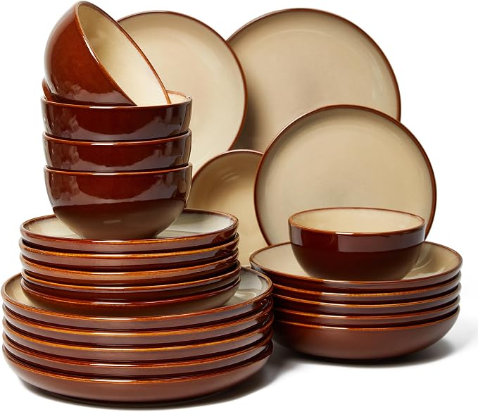 Pokini 24 Piece Double Bowl Dinnerware Sets with Pasta Bowls, Highly Chip and Crack Resistant Plates and Bowls Sets, Natural Earthyware Ceramic Dishware Sets, Service for 6 Brown Yellow