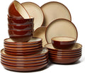 Pokini 24 Piece Double Bowl Dinnerware Sets with Pasta Bowls, Highly Chip and Crack Resistant Plates and Bowls Sets, Natural Earthyware Ceramic Dishware Sets, Service for 6 Brown Yellow