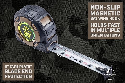 Spec Ops Tools Elite Series Tape Measure for Measuring & Layout, 1 1/4" Double-Sided Blade, Heavy Duty Military-Grade Composite Case, 35 Foot Magnetic + Fractional