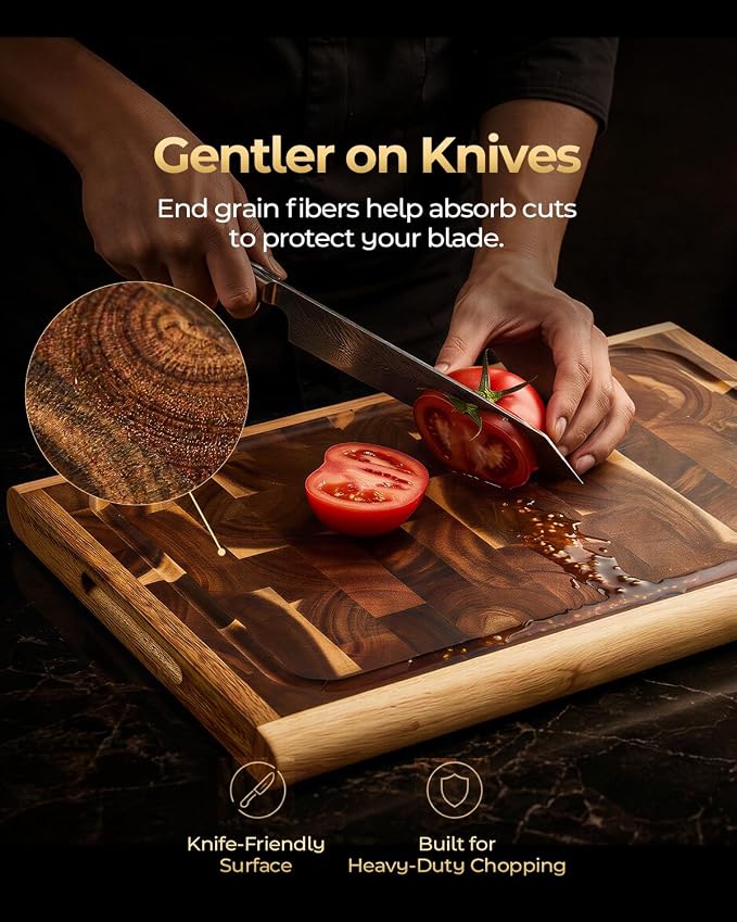Premium Hardwood End Grain Cutting Board 15.8"x11.2"x1.2" | Dark Acacia Wood, Juice Groove, Crack Resistant Design, Solid Wood Chopping Board for Meat & Vegetable Prep