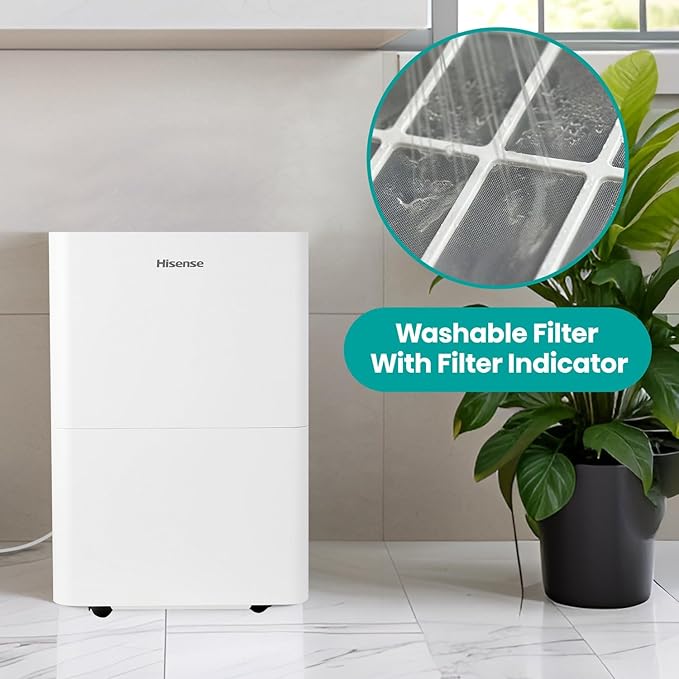Hisense 35 Pint Compact Portable Dehumidifier with Slide-Out Bucket, Energy Efficient Quiet Humidity Absorber for Bathroom Bedroom Garage Attic Home Crawl Space, 3000 Sq. Ft.