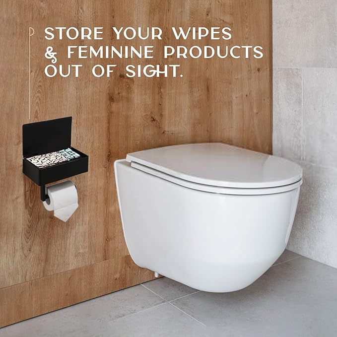Day Moon™ - Toilet Paper Holder with Shelf - Modern Roll Holder for Bathroom - 1 Pack - Wall Mount - with Storage, Black