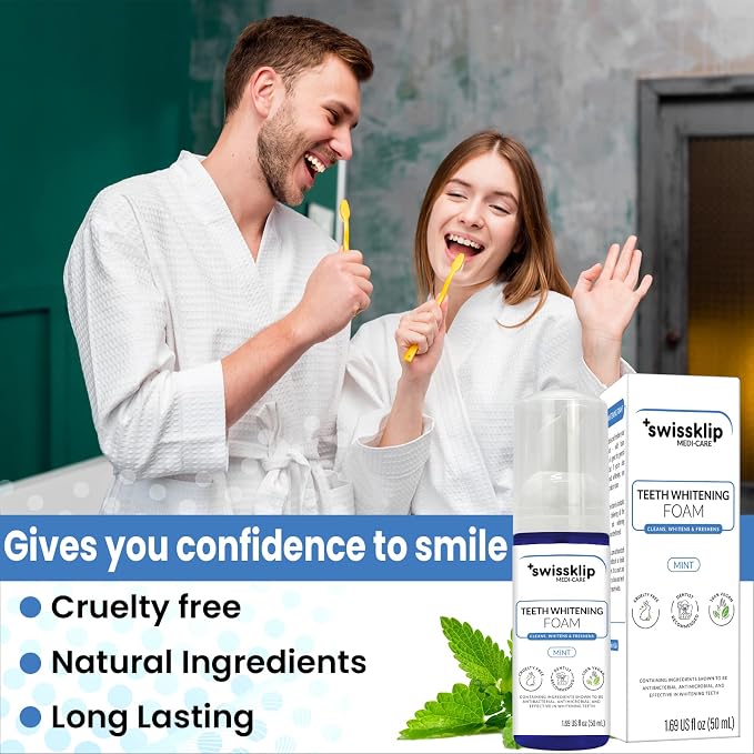Swissker by Swissklip ShineFoam Teeth Whitening Foam – Stain Remover | Whitening Gel Kit, Teeth Whitener, Hydrogen Peroxide Formula, Mint Flavor, Coffee & Wine Stain Removal, For Braces & Aligners