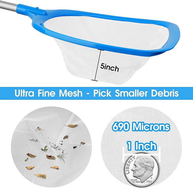 TidyMister Hot Tub Skimmer Spa Net with 5ft Aluminum Pole Ultra Fine Mesh Net Handy Leaf Skimmer for Small Above Ground Pools Pick Up Fine Debris Lightweight Net
