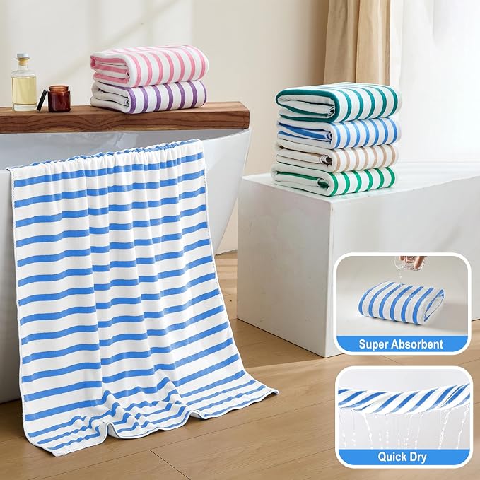 JML Microfiber Bath Towel Sets, 4 Pack, 27" x 55", Cabana Stripe Blue | Soft, Super Absorbent, Fast Drying Bath Towel Set for Swimming, Pool, Summer Beach Party
