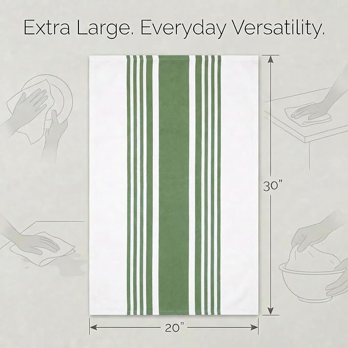 Urban Villa Kitchen Towels Cotton Dish Towels 20”x30” (Set of 6) Green Wht