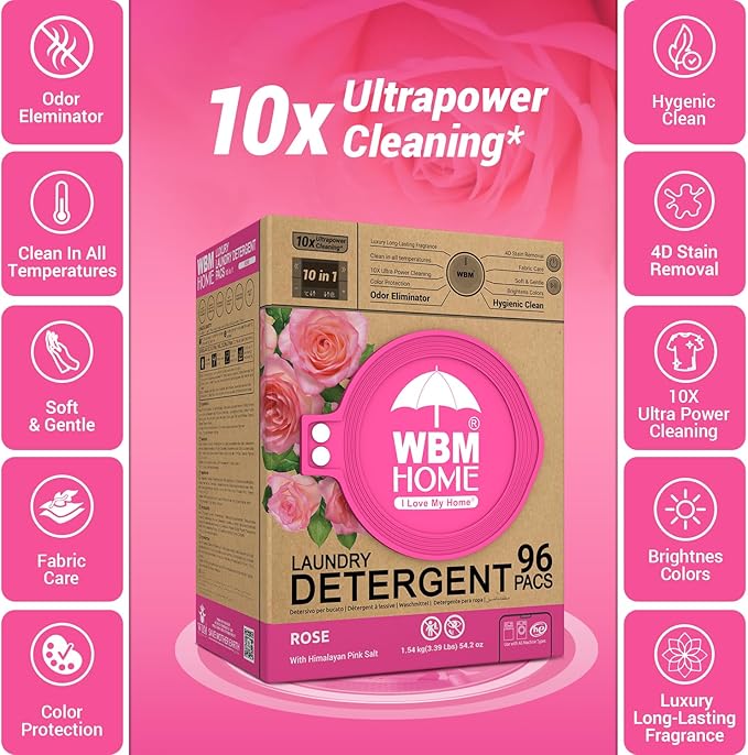 WBM Home 10-in-1 Laundry Pods, Total 96 Count, Ultra Concentrate with Powerful Stain Lifter Technology, Fabric Softener With Rose Extracts, Detergent Pods