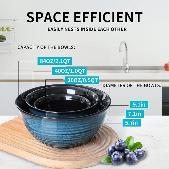 HASENSE Ceramic Mixing Bowls Set for Kitchen, Handmade Serving Dishes for Entertaining, 2.1/1.0/0.5 Qt Deep Microwave Safe Nesting Bowls for Storage and Baking, Blue