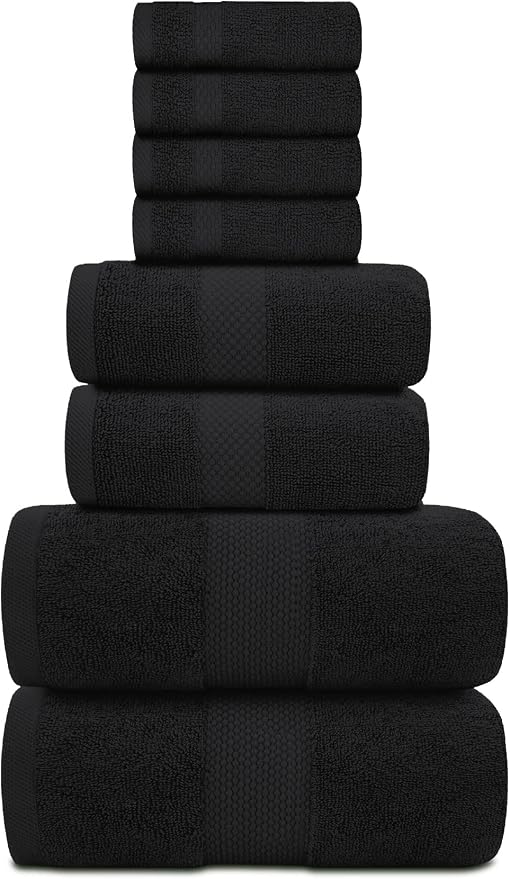 White Classic Luxury Bath Towel Set of 8 Pieces - 100% Turkish Cotton Highly Absorbent Towels for Bathroom, 2 Luxury Bath Towels 700GSM, 2 Hand Towels, 4 Washcloths, Black