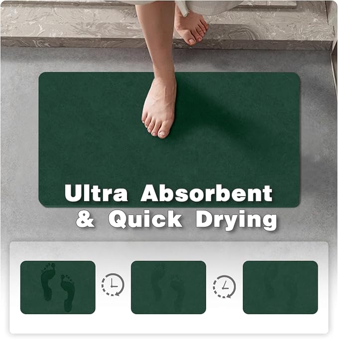 TYUU Bathroom Mat Quick Dry, Bathroom Rugs Non Slip Washable Thin Absorbent Bath Mat Fits Under Door Bathroom Floor Mat Perfect for Bath, Shower, or Sink 24"x36" Dark Green