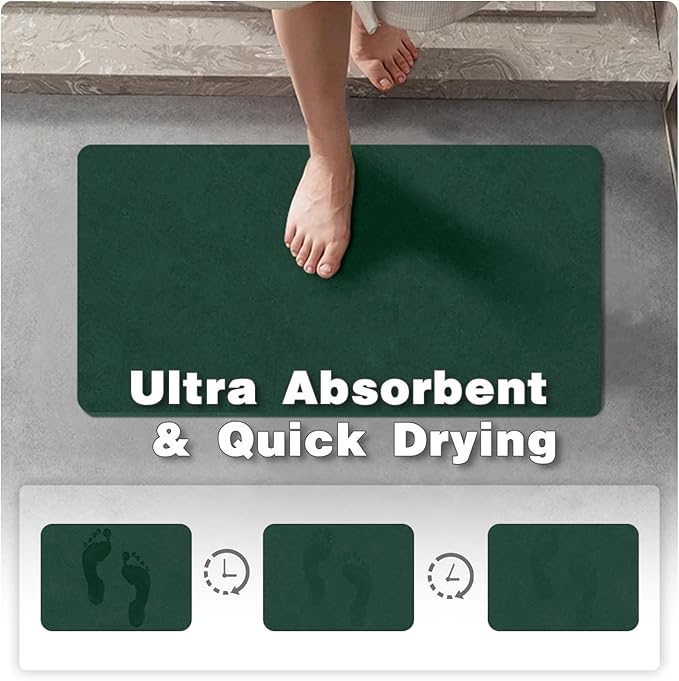 TYUU Bathroom Mat Quick Dry, Bathroom Rugs Non Slip Washable Thin Absorbent Bath Mat Fits Under Door Bathroom Floor Mat Perfect for Bath, Shower, or Sink 16"x24" Dark Green
