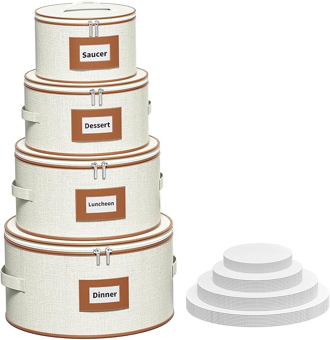 Aokeyee 4-Piece Plate Storage Set, Hard-Shell Dinnerware Organizer, Ivory | With 48 Soft Felt Dividers for Saucer, Dessert, Salad and Dinner Plates, Dual Zippers, Handles, Stackable, Moving & Storage