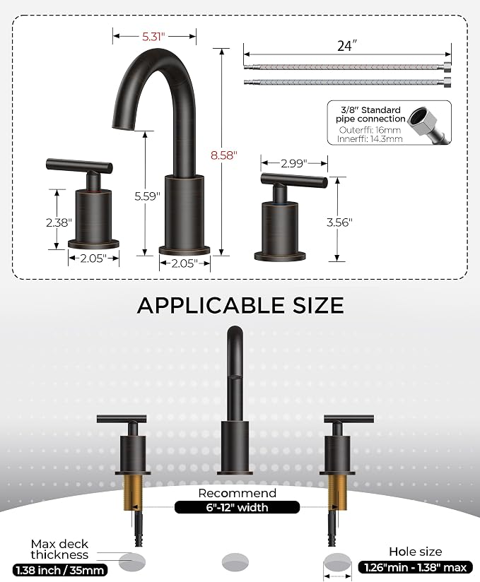 FORIOUS Oil Rubbed Bronze Bathroom Faucets 3 Hole, 8 in Widespread Bathroom Sink Faucet Bronze with Pop Up Drain, 3 Piece Vanity Faucet ORB with 24" CUPC Supply Hoses, 6" to 10" Sink Restroom Remodel