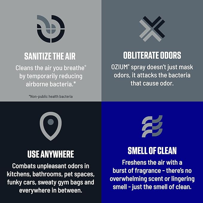 Ozium Air Sanitizer Spray - Room Odor Eliminator for Home, Car, and Office - Carbon Black - 8 oz Can - 6 Pack