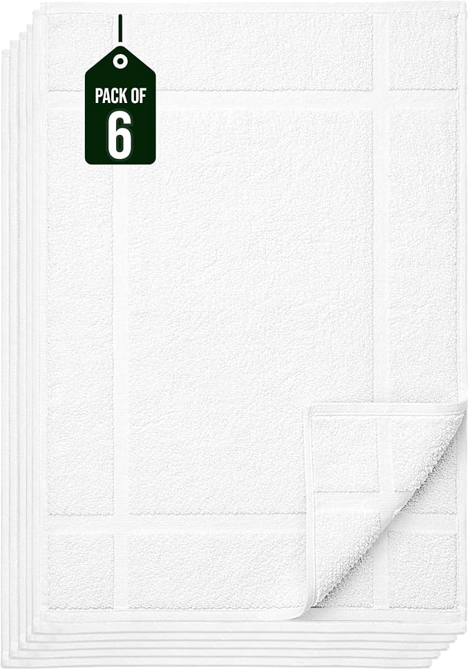 Pearl Linens Pack of 6 100% Small Cotton Bath Mat Towels,18x25 inches, Soft & Absorbent Floor Towels for Bathroom, Not Bathroom Rugs, After Shower Mat, 781 GSM, Machine Washable, White