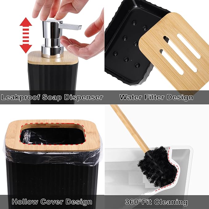 XLHOMO Black Bathroom Accessories Set, 9PCS Bathroom Accessory Set with Trash Can,Tray,Soap Dispenser,Toothbrush Holder,Toothbrush Cup,Soap Dish,Toilet Brush and Q-tip Holders for Housewarming