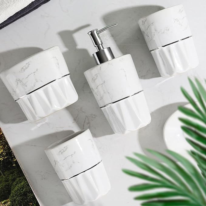 Soap Dispenser Set White, Set of 5 Bathroom Accessories, with 2 Toothbrush Cups, Soap Dish, Toothbrush Cup, Ceramic Soap Dispenser, for Bathrooms, Apartments, Dormitories,Marble White