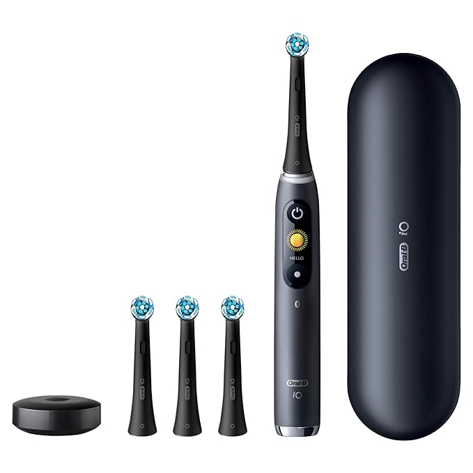 Oral-B Rechargeable Electric Toothbrush, iO Series 9 Genius, Black, 4 Replacement Brush Heads, Power Charging Travel Case, Teeth Whitening, Visible Pressure Sensor to Protect Gums, 7 Modes