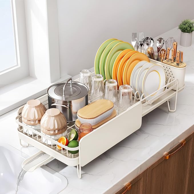 SNTD Dish Drying Rack - Large Dish Racks for Kitchen Counter, Expandable Dish Drainers with Cutlery Holder Stainless Steel Rustproof (White)