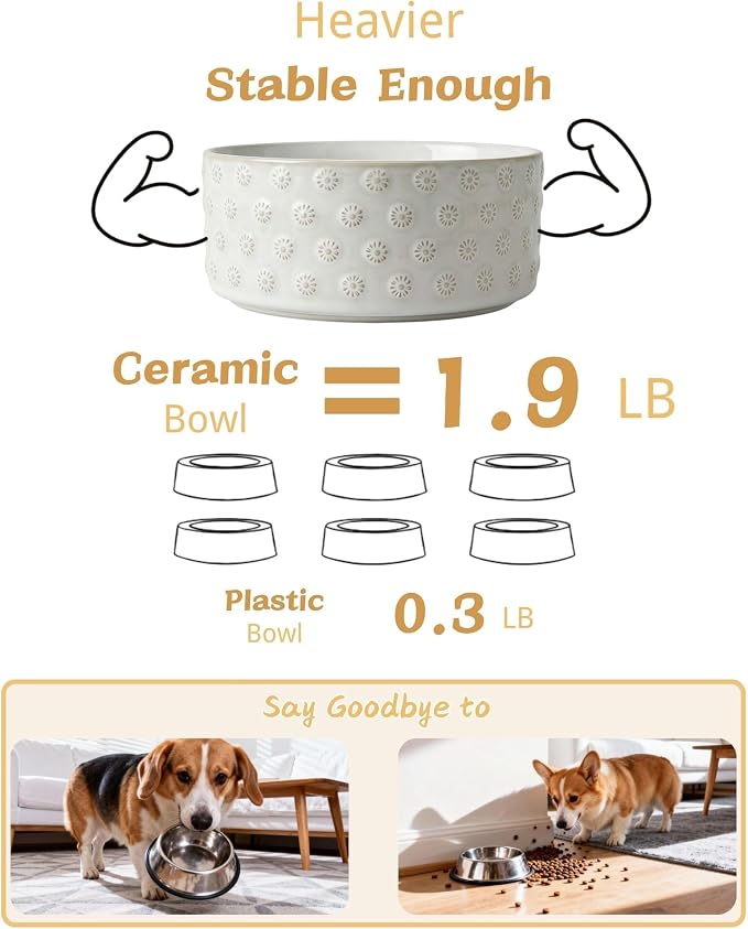 TRUVIC Ceramic Dog Bowl with Wood Stand, Jun Blanc Daisy Relief Dog Food and Water Bowl, 2 Cup/14 oz Puppy Food Bowl for Medium Dogs, Dishwasher Safe, Modern Geometric, Daisy