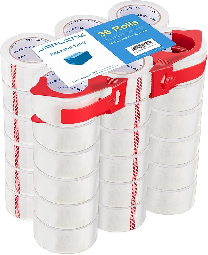 JARLINK 36 Rolls Clear Packing Tape with 2 Dispensers for Shipping | 2.7mil Thick, 1.88 Inches Wide, 55 Yards per Roll, Total 990 Yards, Comes with 3 Tape Dispensers