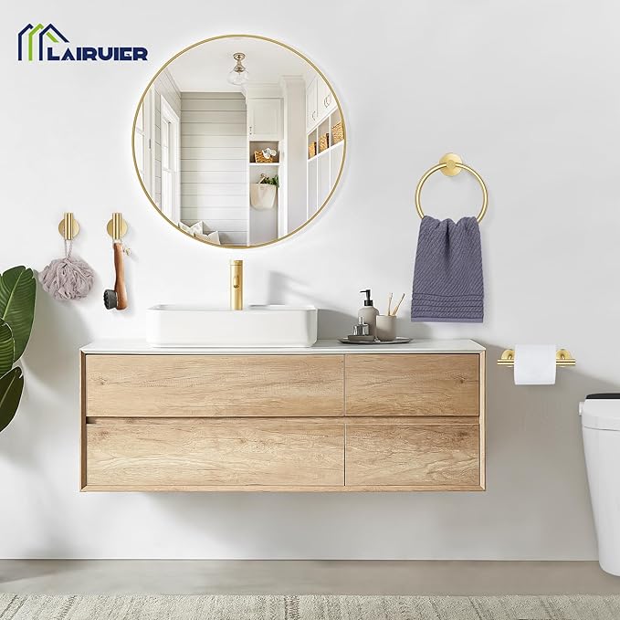 Lairuier Brushed Gold Towel Holder Set Include Double Bases Toilet Paper Holder,Towel Ring and 2 Towel Hooks Stainless Steel Wall Mounted Bathroom Hardware Accessories Set